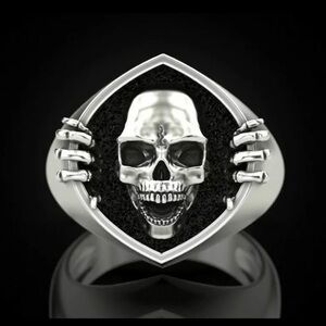 Kivkux SKULL MEN’S 925 Sterling Silver, Bone Oxidized Mens Biker, Signet